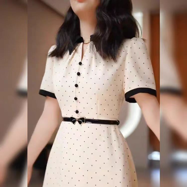 夏季杏色白色短袖波点气质衬衫连衣裙裙子女中长款收腰翻领含腰带