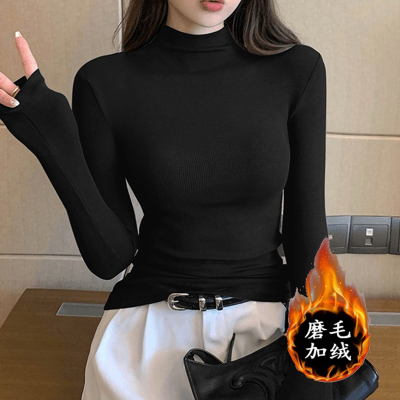 【专柜品质】加绒螺纹半高领长袖打底女秋冬新款内搭高级修身上衣