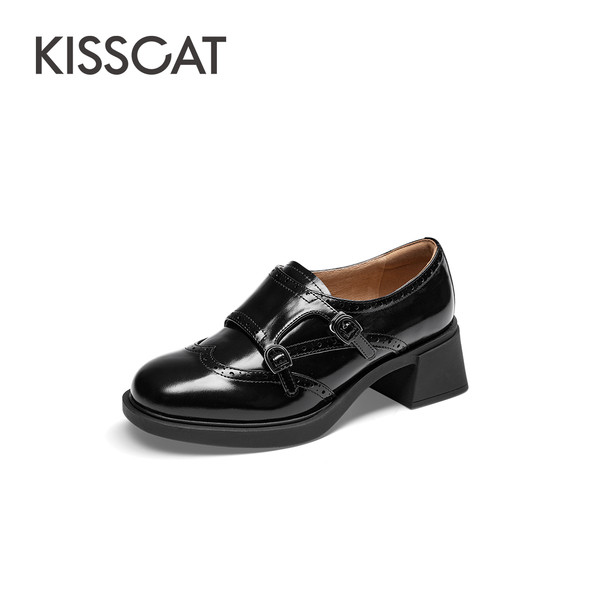 【嘉尔专属】接吻猫新款舒适通勤百搭中跟百搭深口乐福鞋KA54521-51