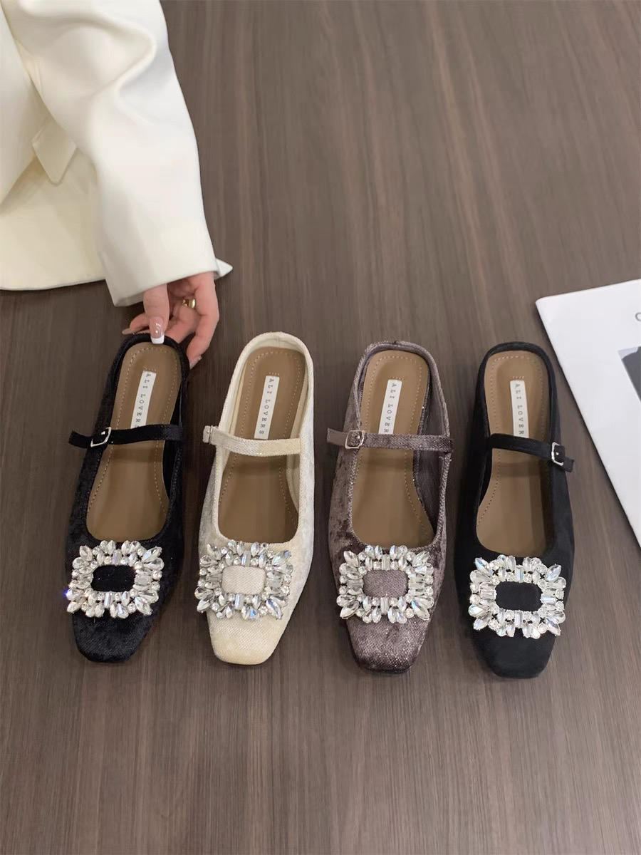 法式粗跟水钻包头半拖鞋女鞋子外穿2025新款春夏季玛丽珍半托单鞋