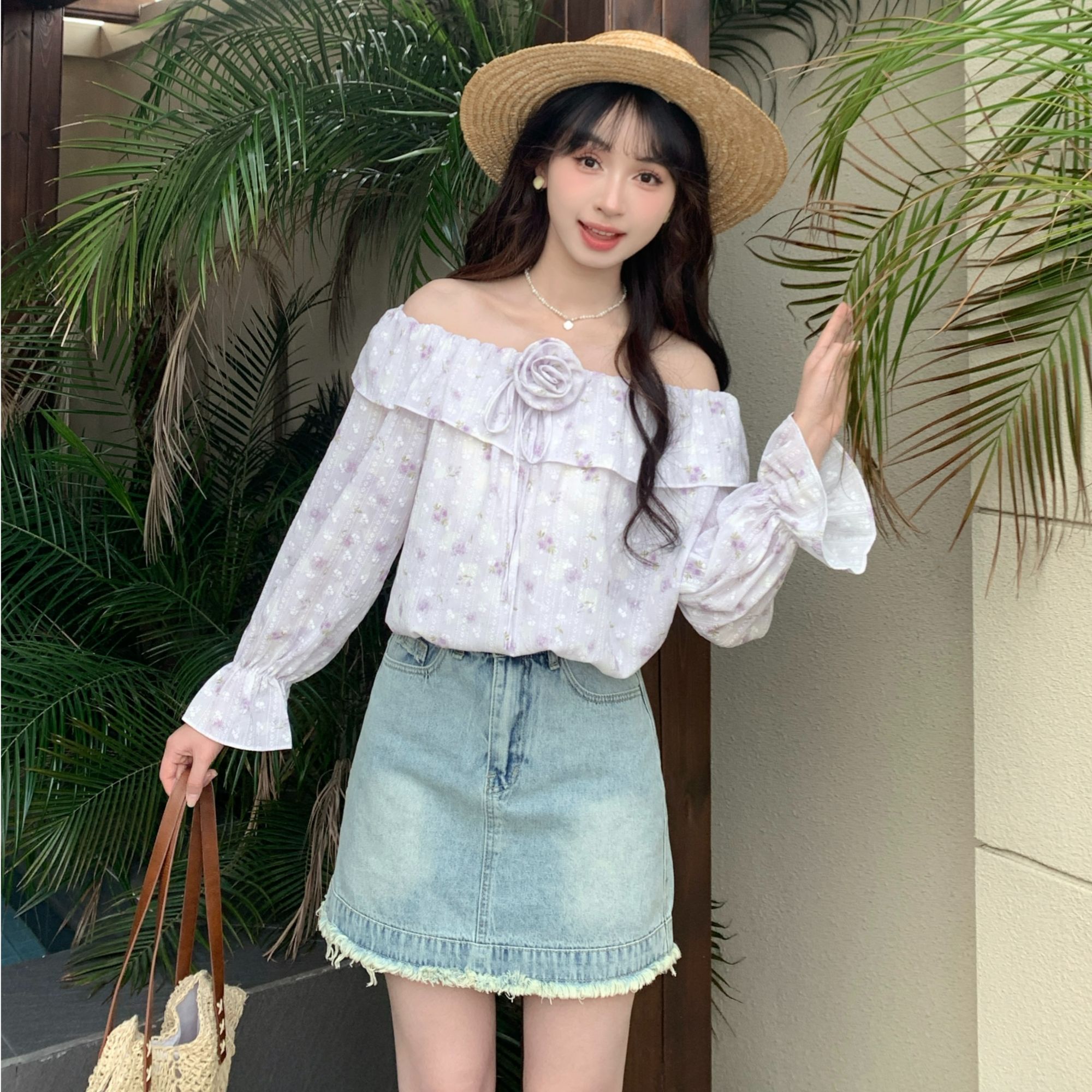 【小铃铛】24576法式一字肩碎花衬衫女女设计感小众碎花喇叭袖子