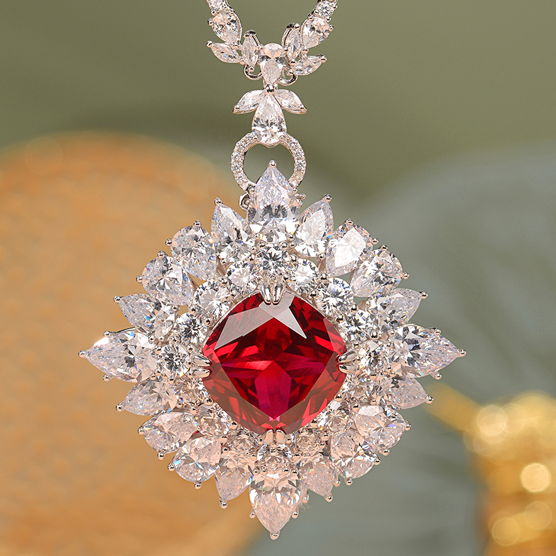 吊坠925银合成锆石 鸽血红色方形项链吊坠