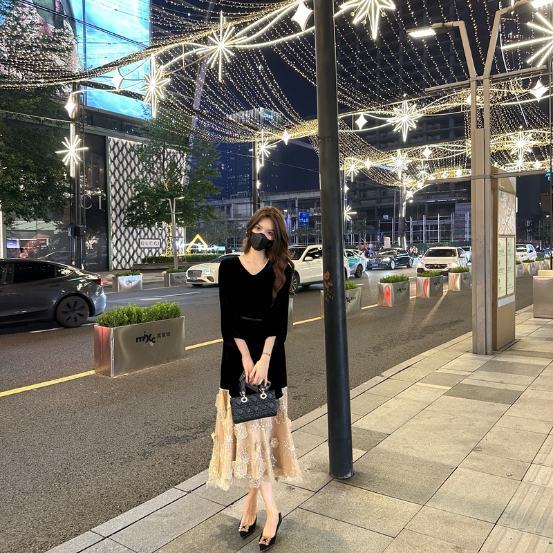 珩绣法式气质连衣裙时髦洋气中长款拼接长裙24Q142