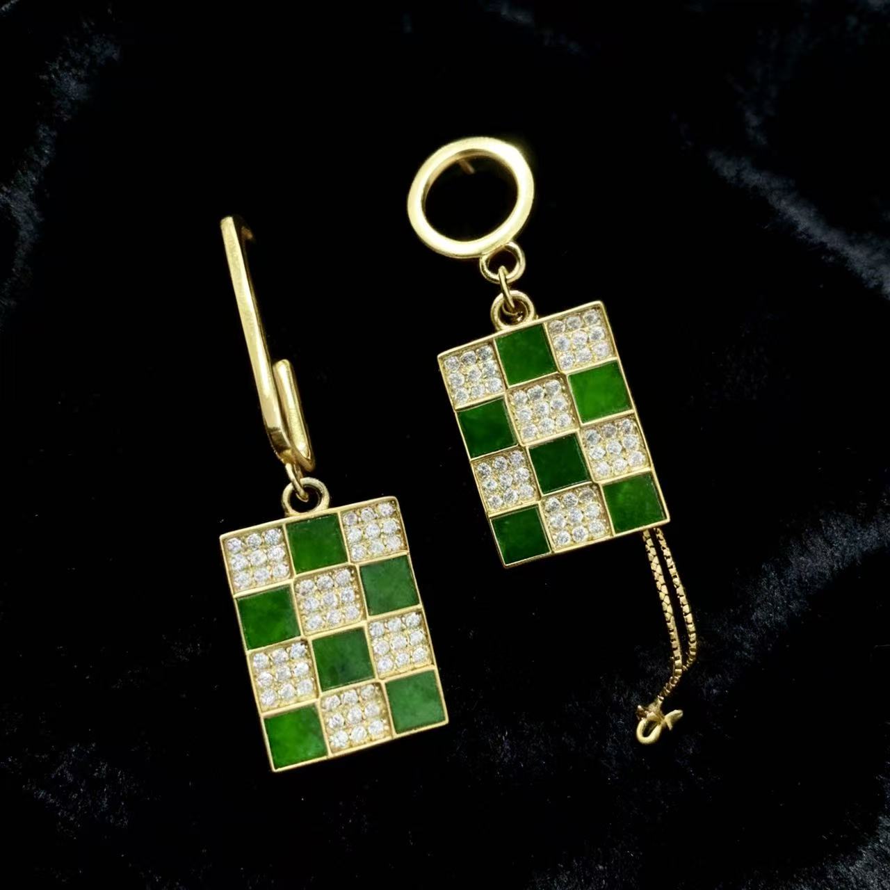 天然缅甸翡翠A货　ｓ925银镀24ｋ金镶嵌ａｂ款耳饰