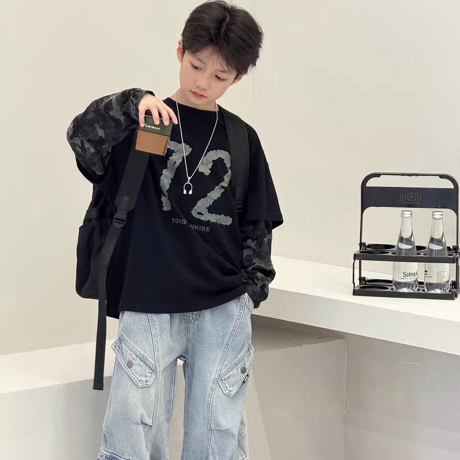 【迷彩拼接】百搭纯棉长袖男童T恤春秋韩版圆领休闲风秋季宽松潮流