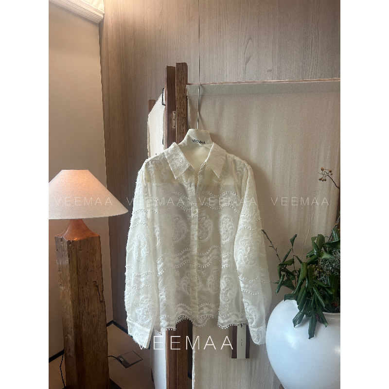 【Veemaa】繁花 定制款白色天丝刺绣显瘦衬衣 衣长68cm