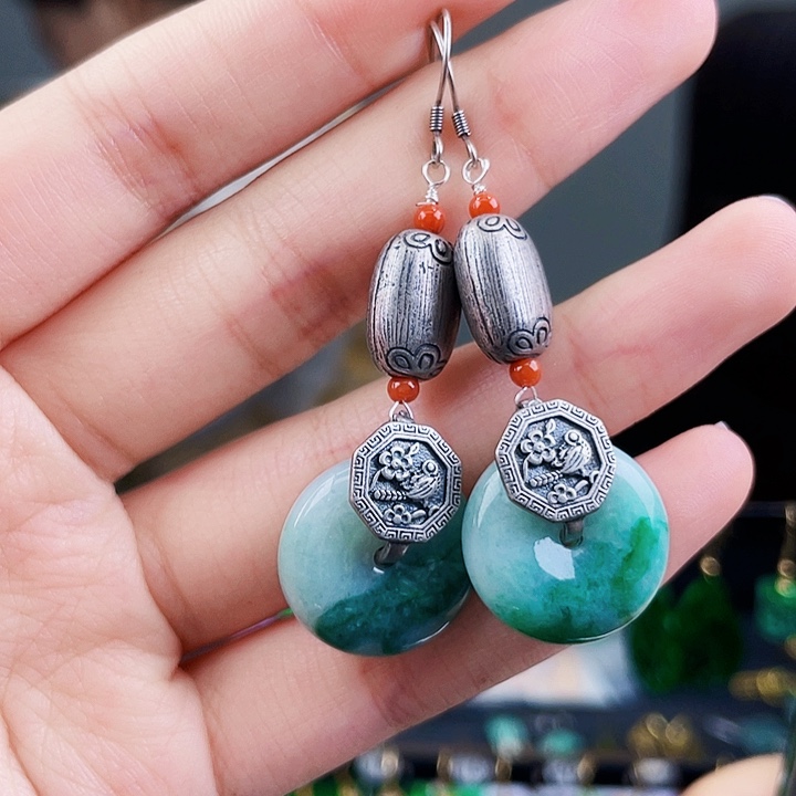 翡翠耳饰银S925镶嵌饰品