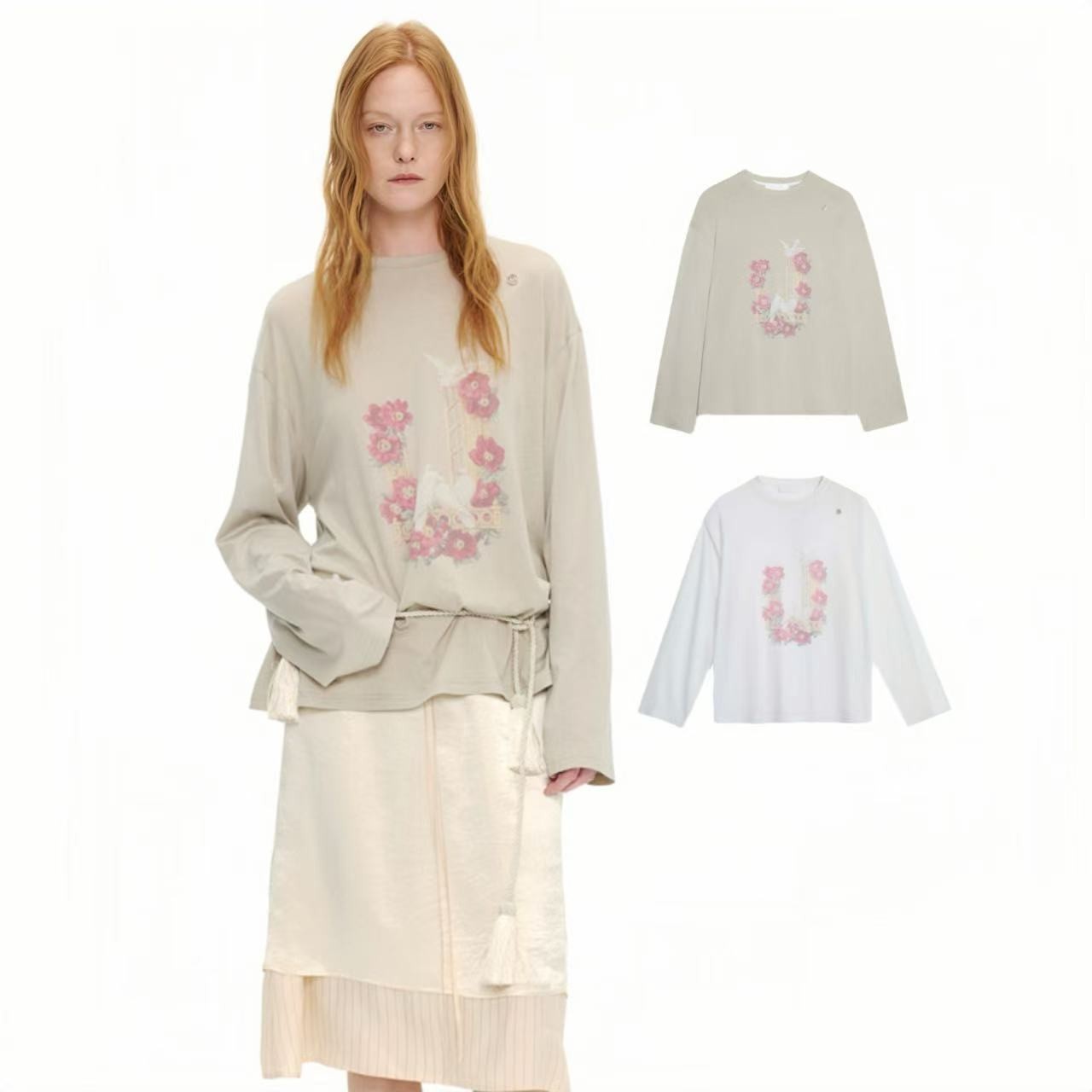 [新品]UHOOWU设计师品牌25早秋花朵印花百搭长袖T恤秋冬秋季宽松