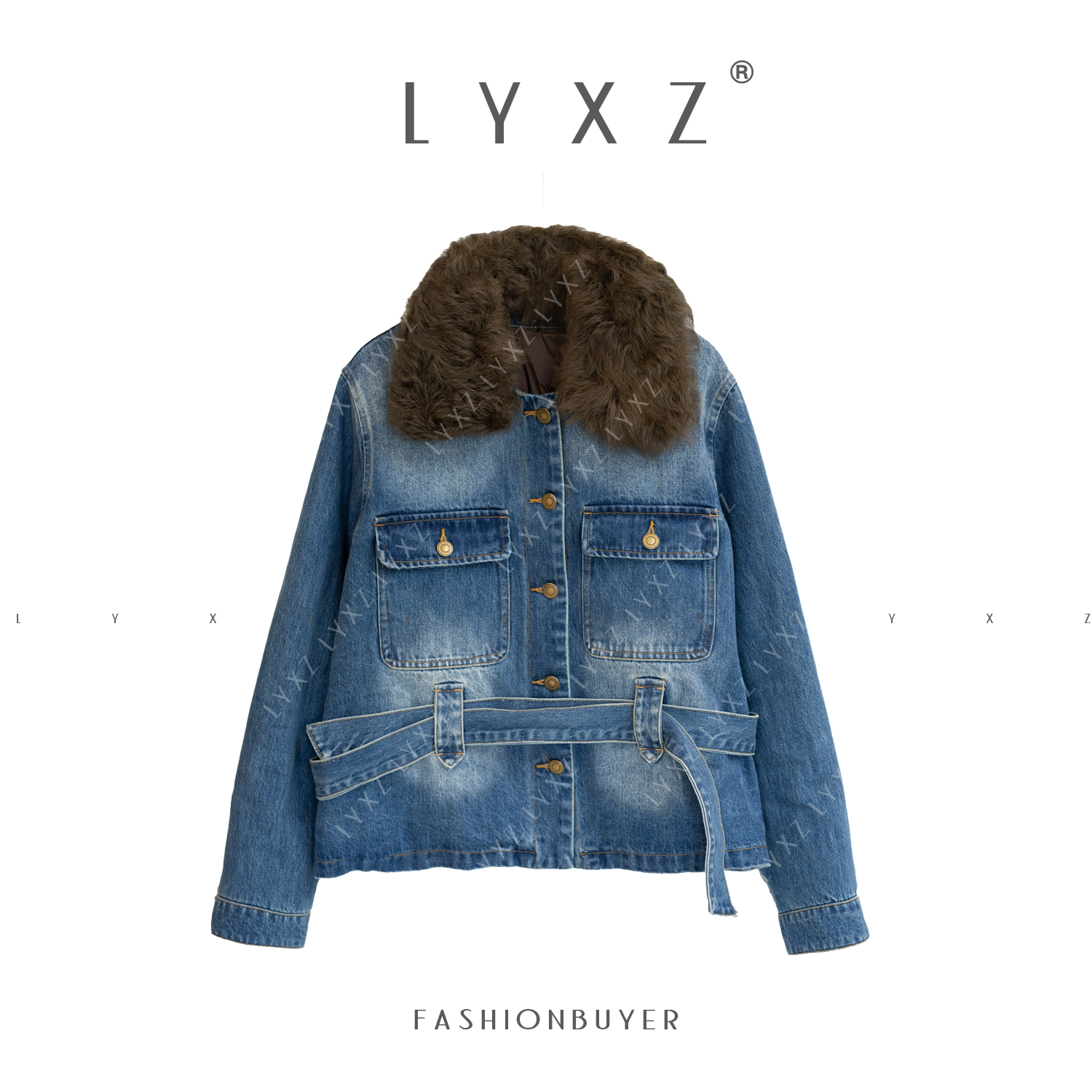 LYXZ x 【巴黎旧梦】冬款拼毛领翻盖拼腰带牛仔羽绒服外套82502