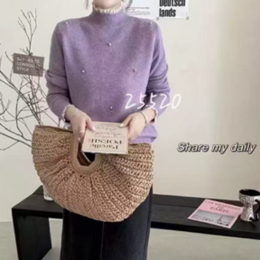 时尚蕾丝边针织衫花边领百搭上衣网红半高领百搭时尚减龄款毛衣