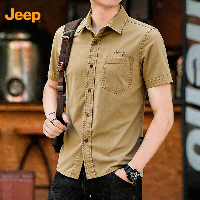 JEEP/吉普美式复古工装纯棉衬衫男士夏季短袖t恤宽松休闲百搭衬衣