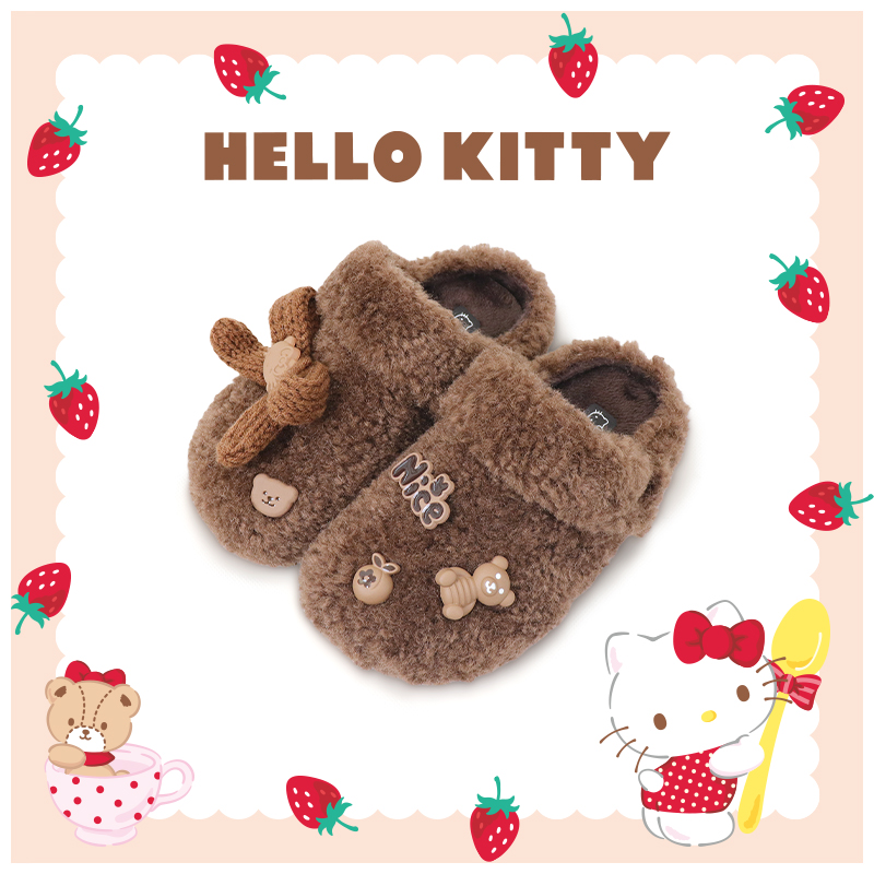 HELLOKITTY蝴蝶结小猫包头秋冬厚底毛绒防滑保暖女童棉拖