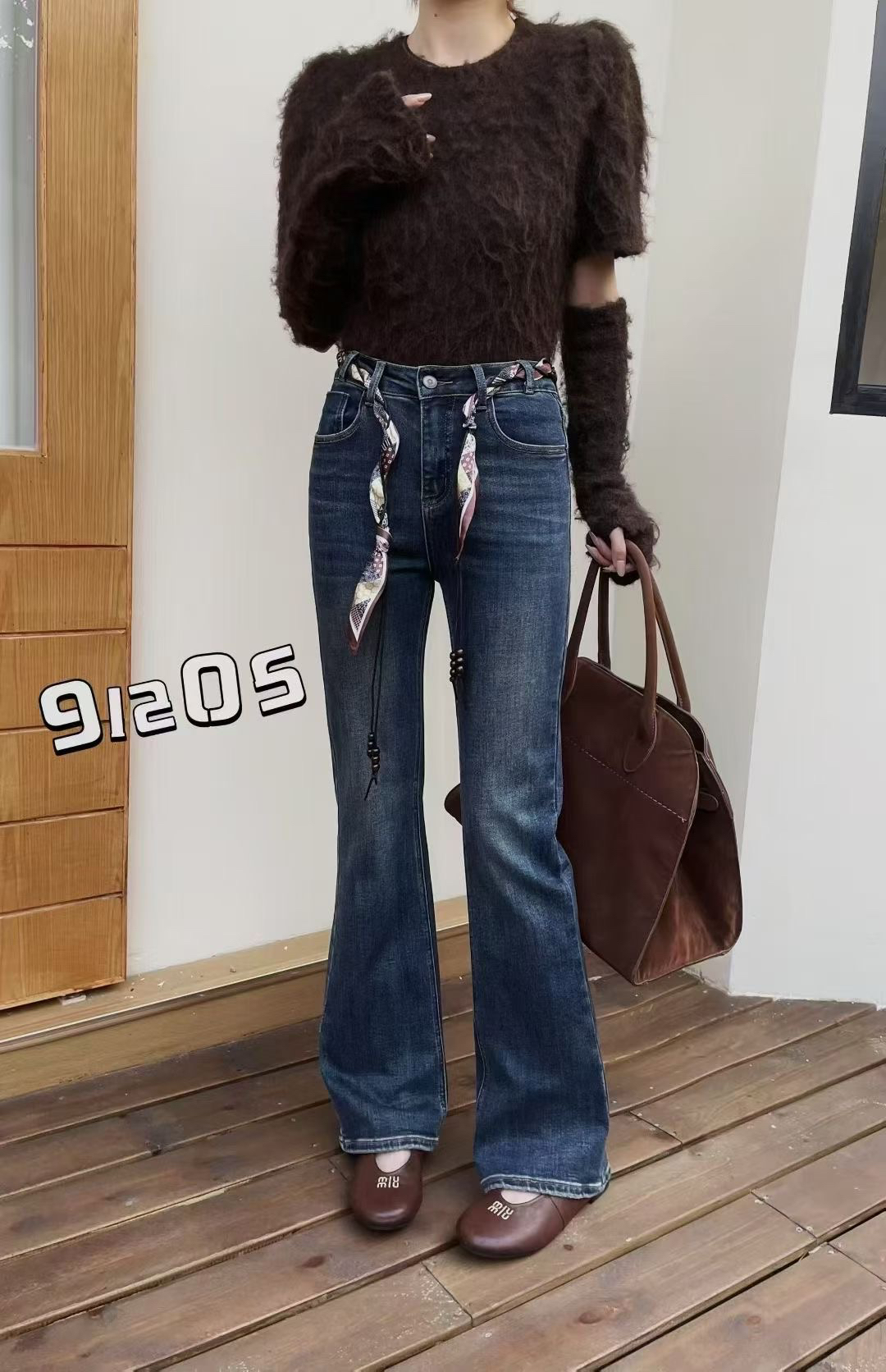 91205Z秋冬高腰美臀线高弹显瘦丝带喇叭牛仔裤