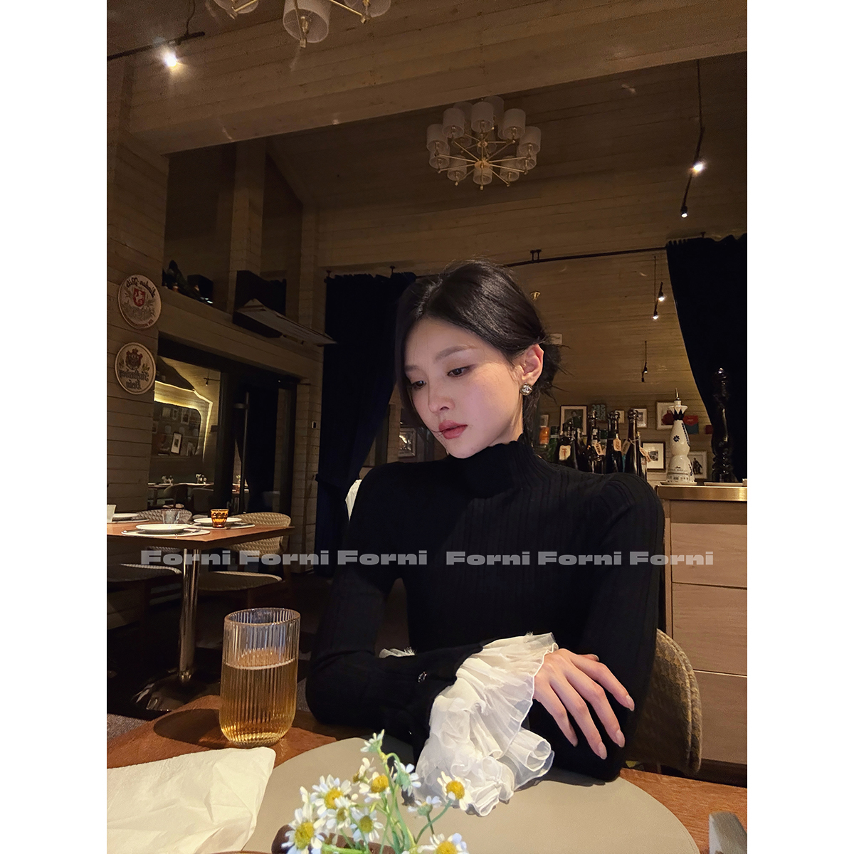 FORNIFORNI 浪漫满屋 可脱卸荷叶袖半高领针织上衣