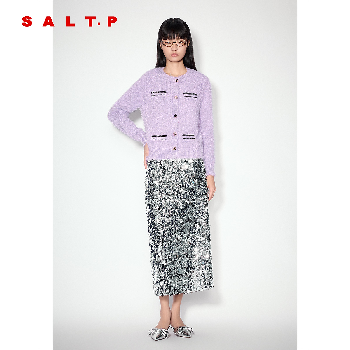 SALT.P可颜2024年冬季烟灰紫坑条圆领毛针织衫AC34506070