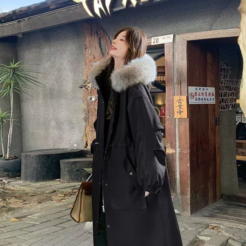 大毛领派克服女2025新款冬季韩版中长款棉衣棉服加绒加厚工装外套
