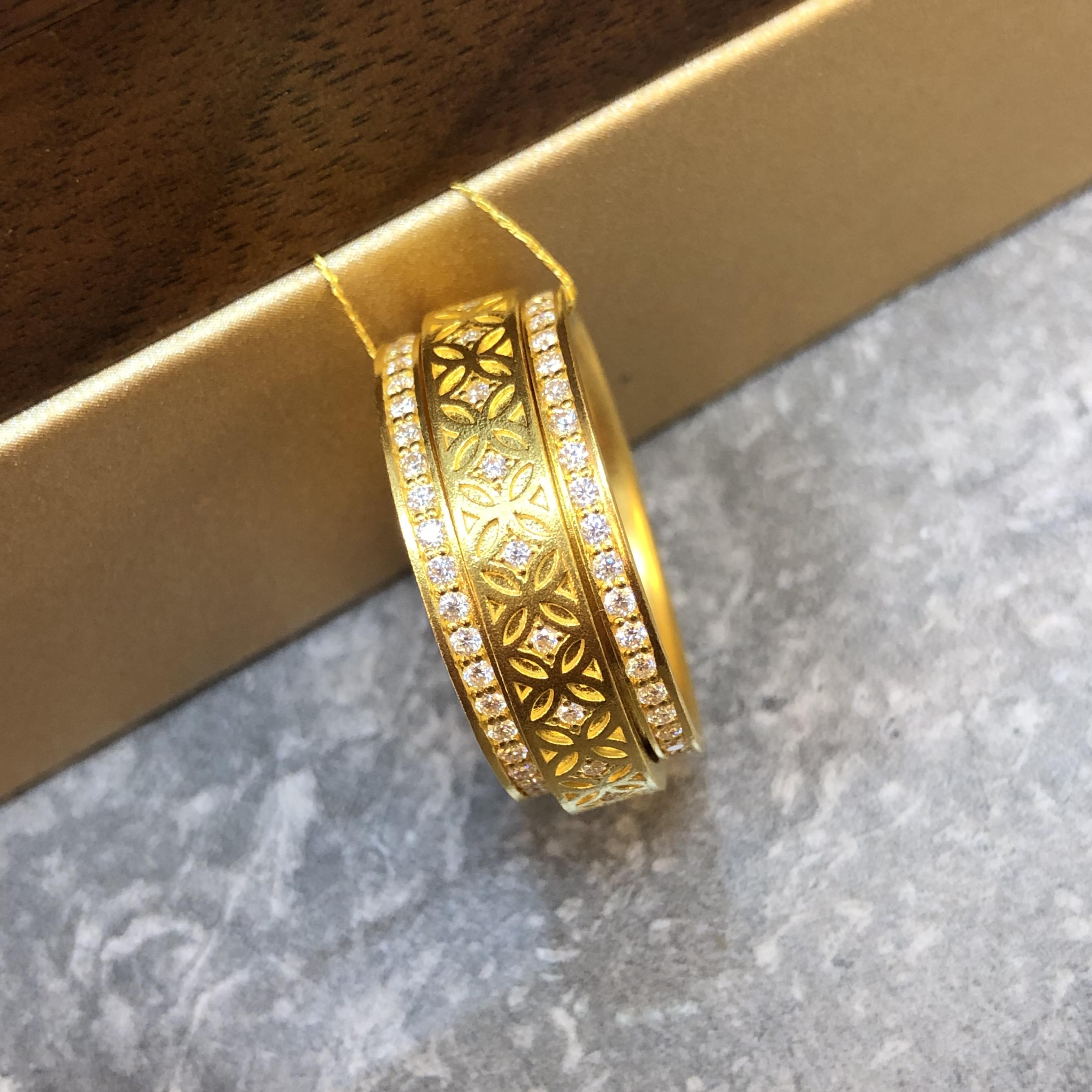 黄金足金999古法点钻时来运转招财铜钱纹戒指
