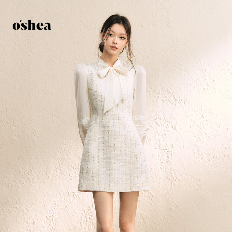 oshea法式小香风蝴蝶结连衣裙女2025新款秋冬长袖修身显瘦a字短裙