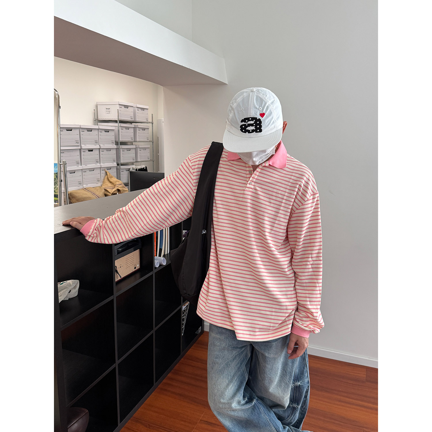 19studio WAYNEPRINCE 美式复古翻领条纹长袖T恤休闲宽松上衣男女