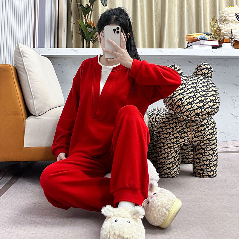 冬季睡衣绒款保暖情侣宽松红色休闲时尚高级感家居服-408（DK）