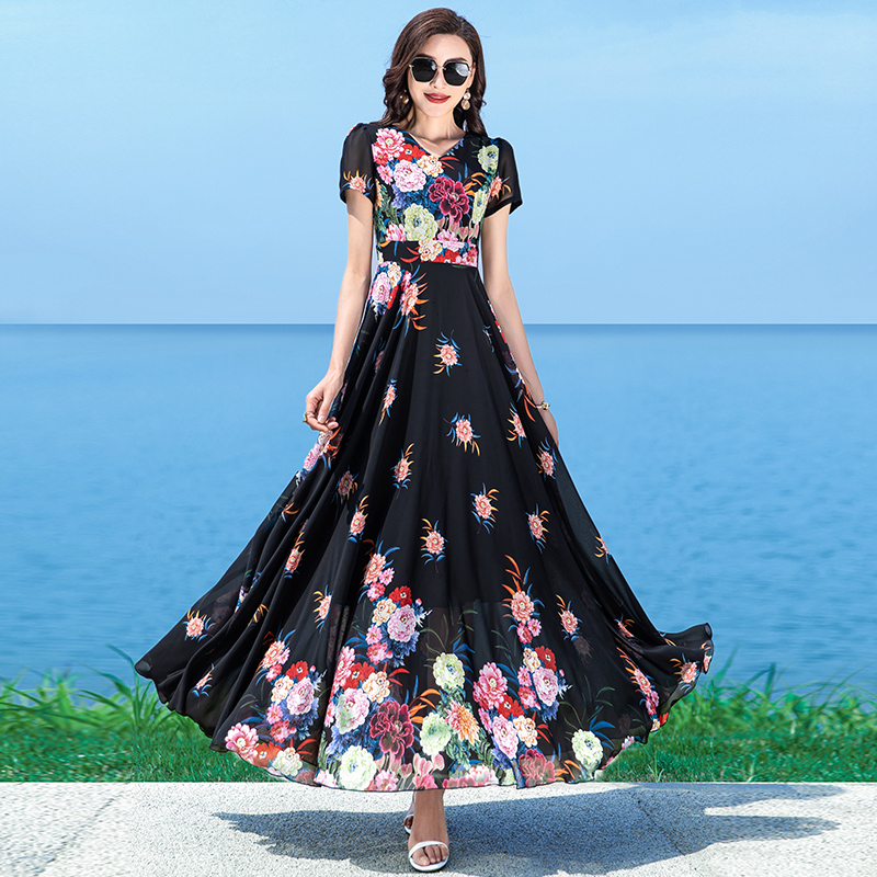 时尚夏装气质夏季连衣裙裙子彩色碎花度假连衣长裙