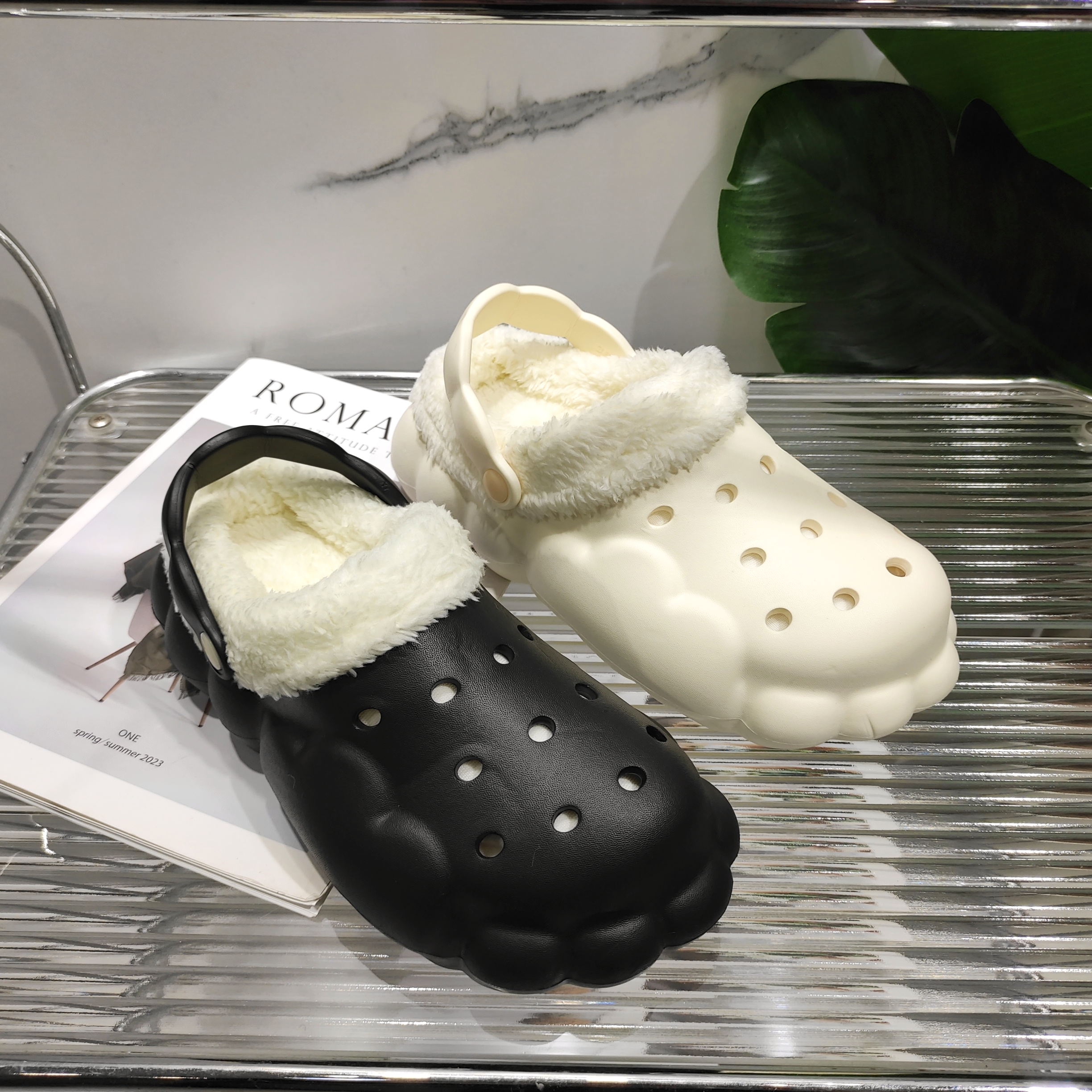 踩屎感加绒平底户外穿保暖情侣女外穿包头拖鞋1227-1