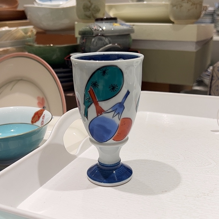 小***绿瓷茄子画片小高足杯子超有调性