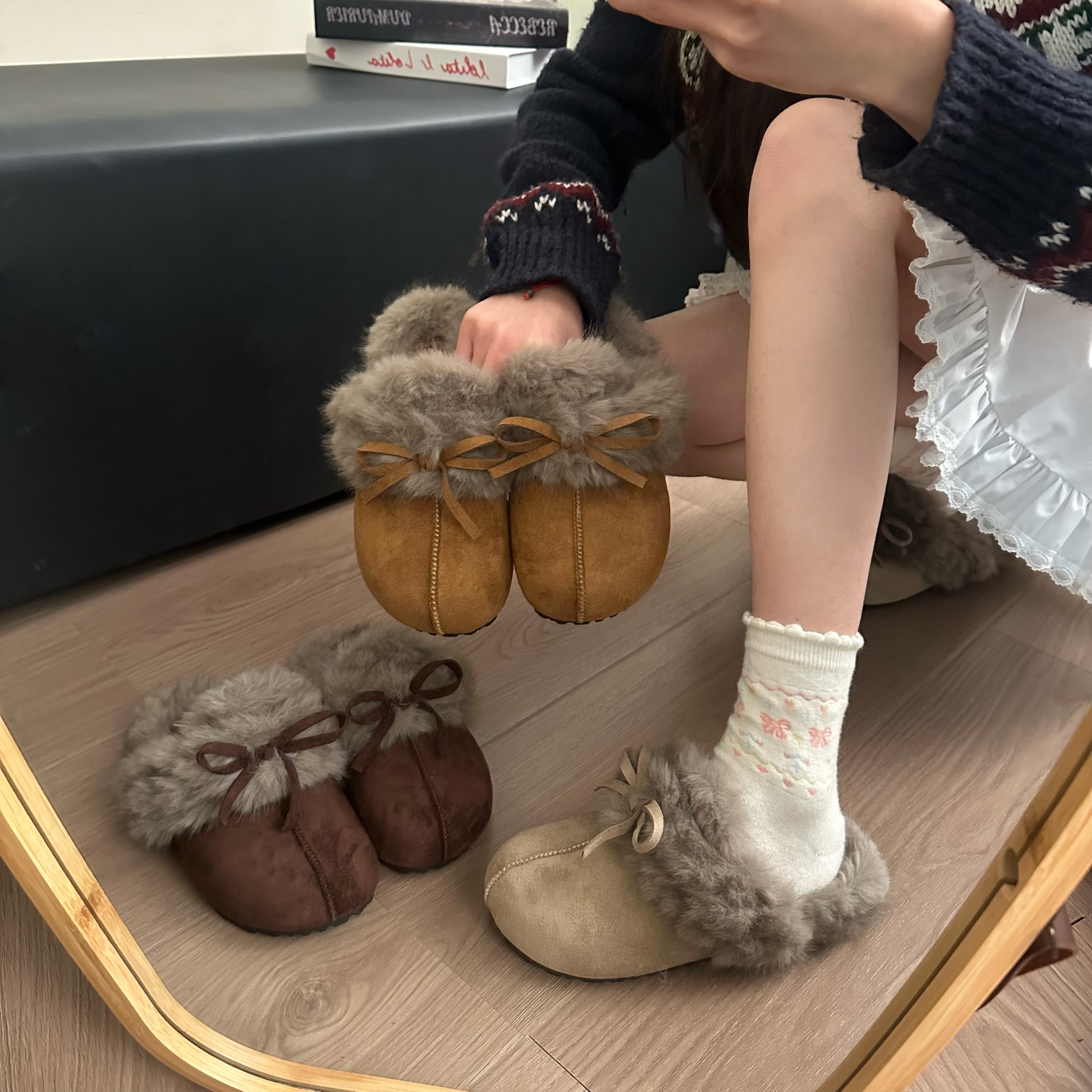 软底百搭气质蝴蝶结加绒女款高级感2025冬季新款韩版勃肯鞋包头拖