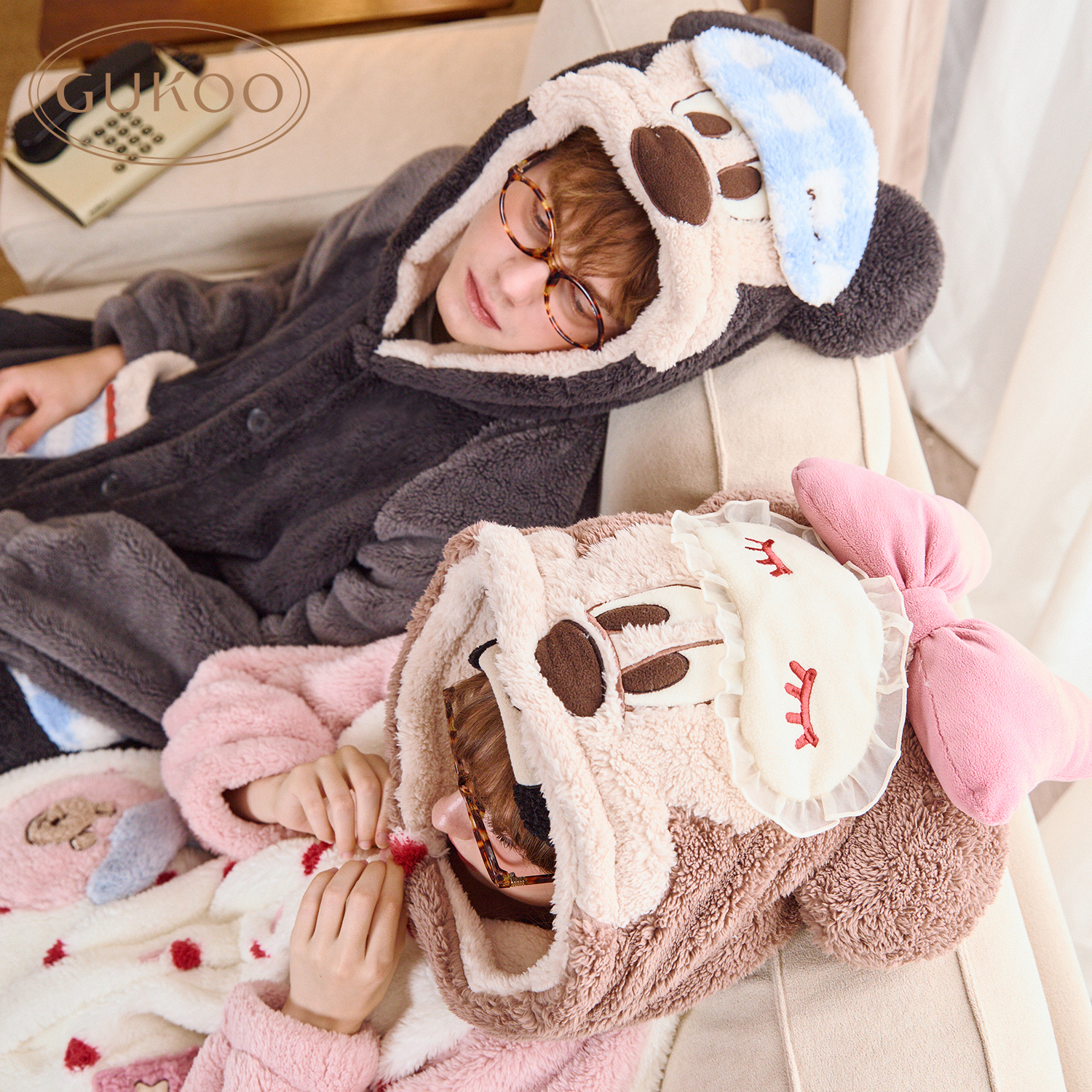 Gukoo/果壳迪士尼米奇家族联名情侣家居服睡袍加厚保暖珊瑚绒冬季