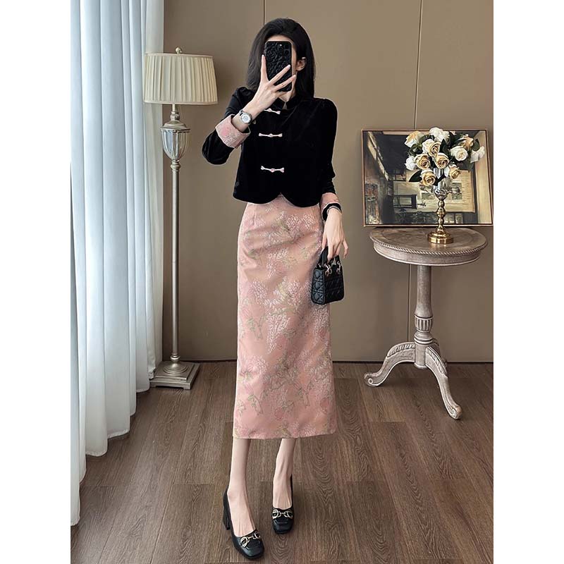 【两件套】【有里布】上衣开叉半身裙两件御姐气质新中式套装裙QJ0075