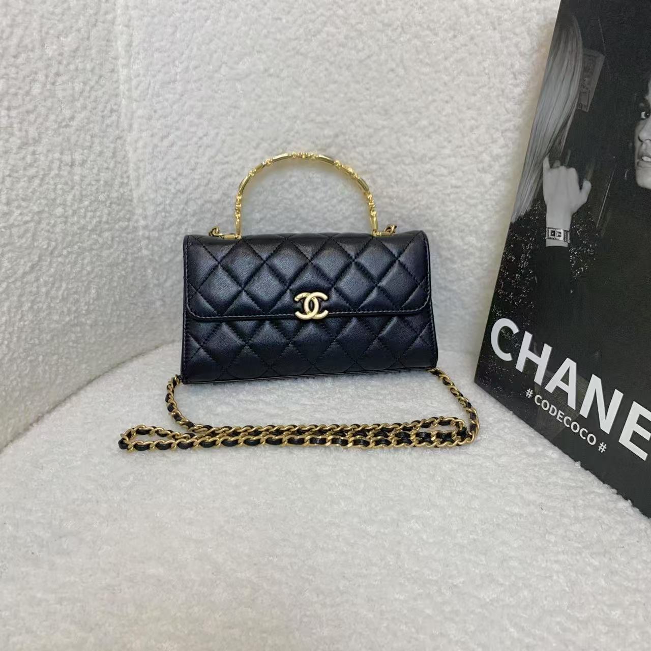 95新 Chanel/香奈儿 壹臻/ 22b黑金珐琅手柄kelly大号 81512438