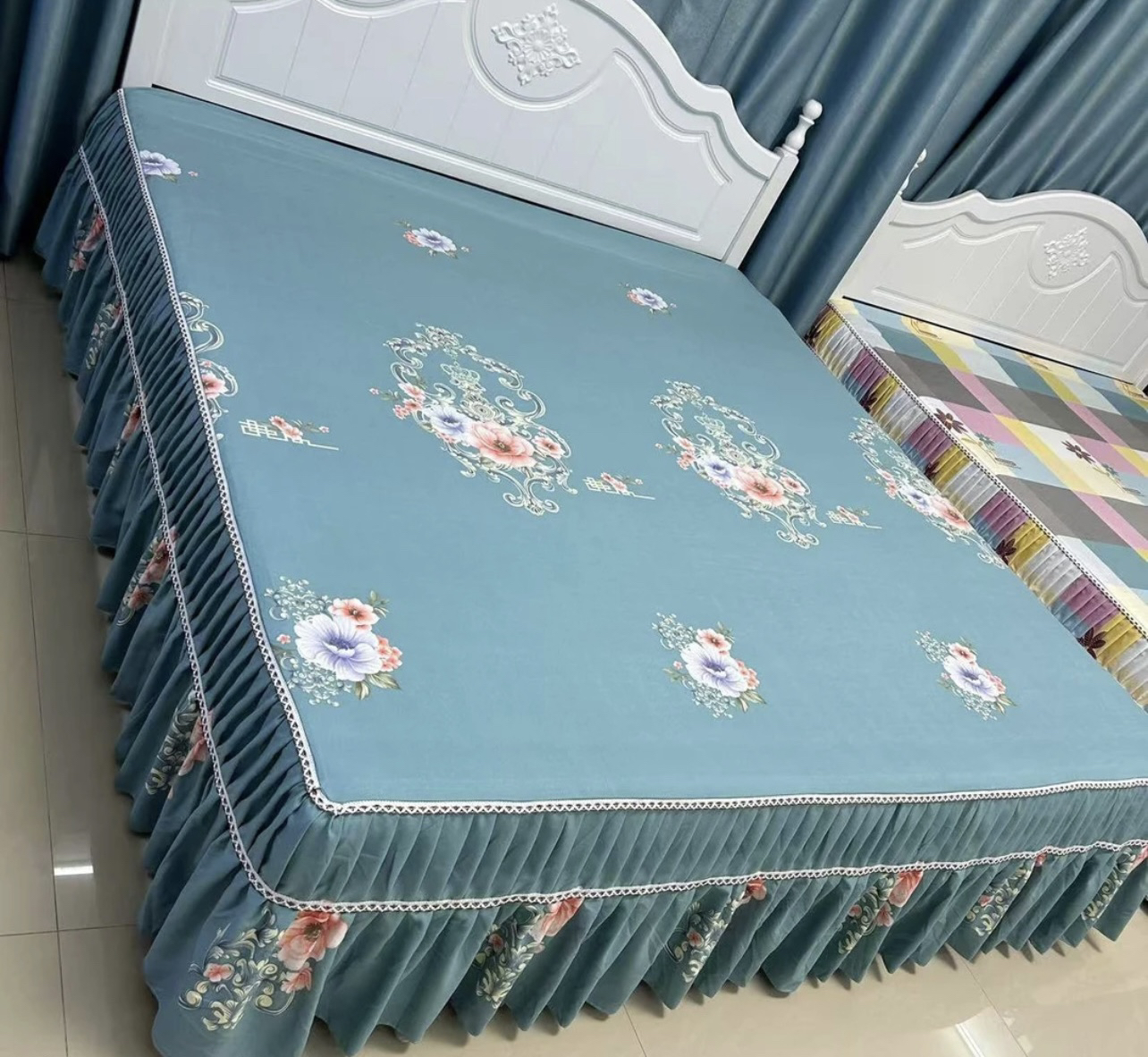 高端床罩（富贵牡丹蓝）防尘防滑床单高档亲肤印花床笠
