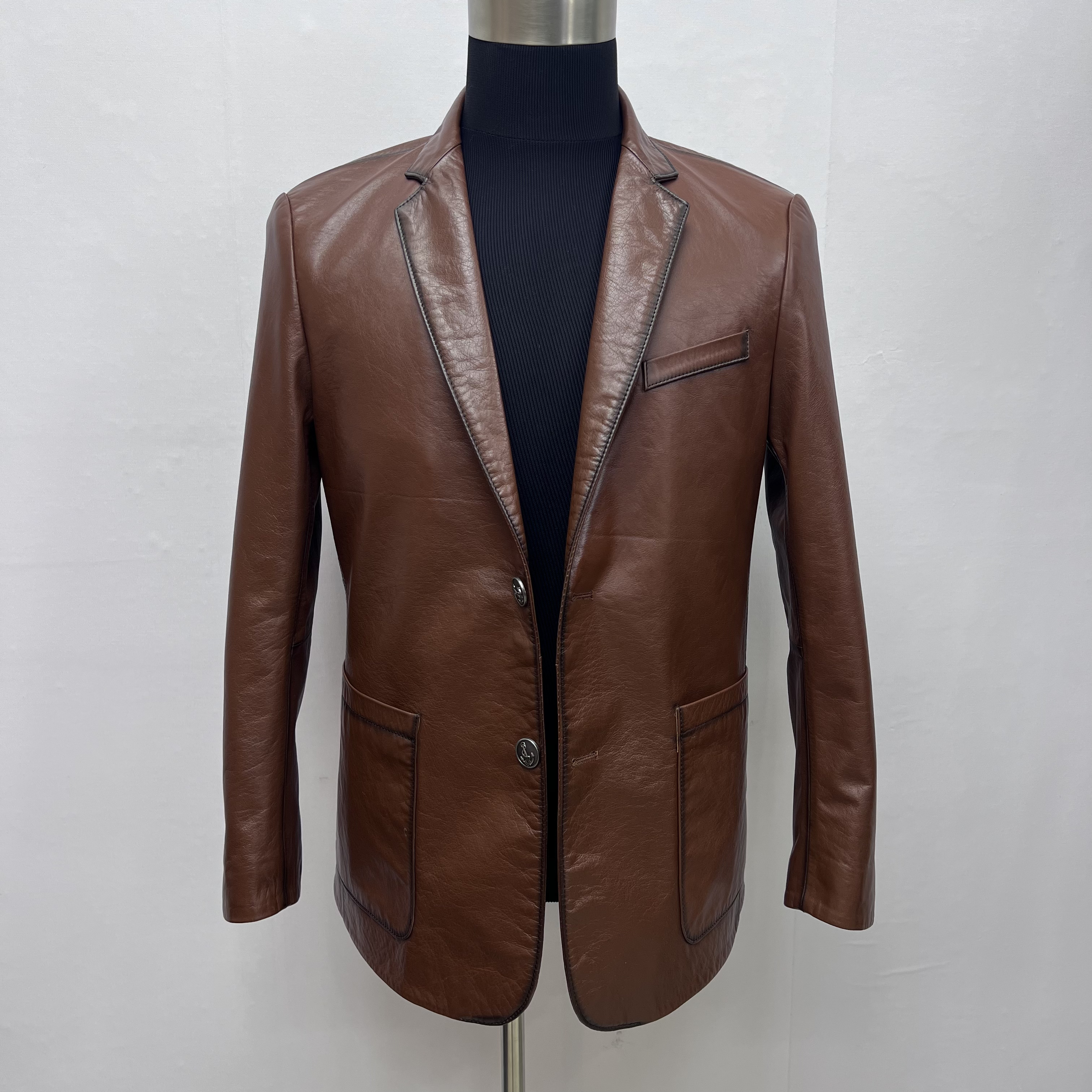 新品男式棕色小牛皮复古油蜡修身时尚西服皮衣春秋款