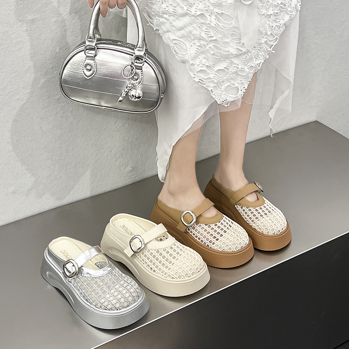 【清仓甩货】厚底包头日常编织包头拖网面春夏镂空半拖防滑平底百搭