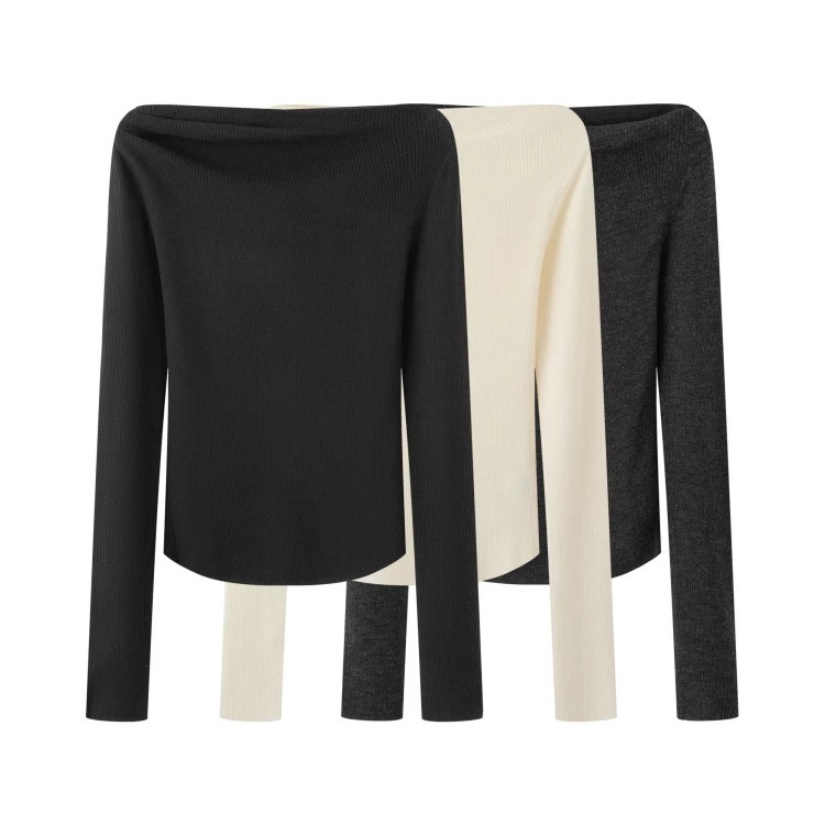 艾家韩版斜肩领长袖T恤时尚轻奢打底衫套头百搭显瘦半高领4008