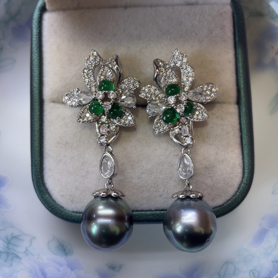 海水珍珠耳饰银S925镶嵌11-12