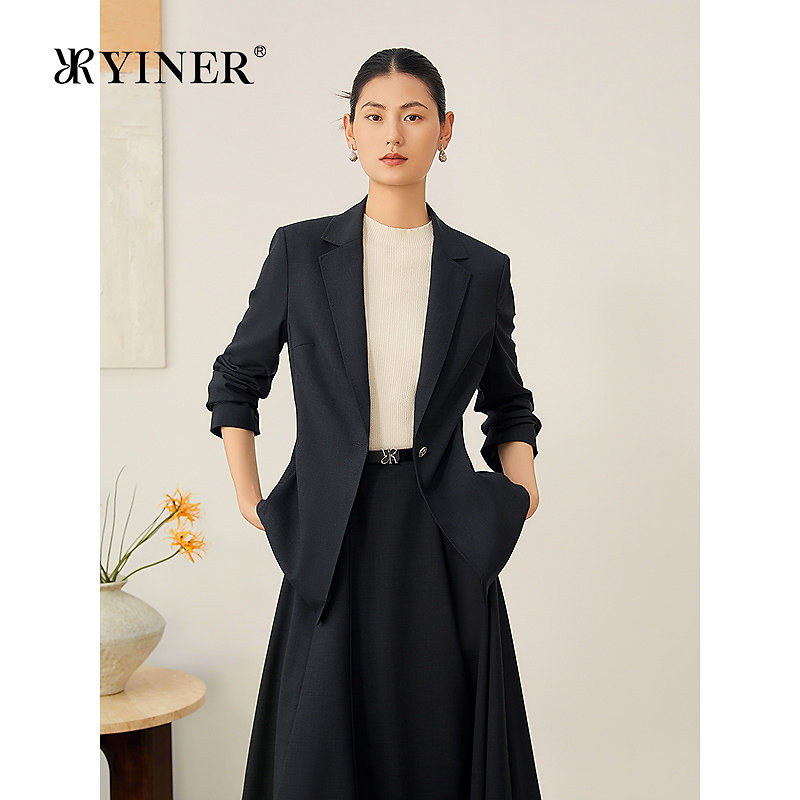 YINER音儿2025秋季新款法式通勤美丽诺羊毛混纺一粒扣西装外套