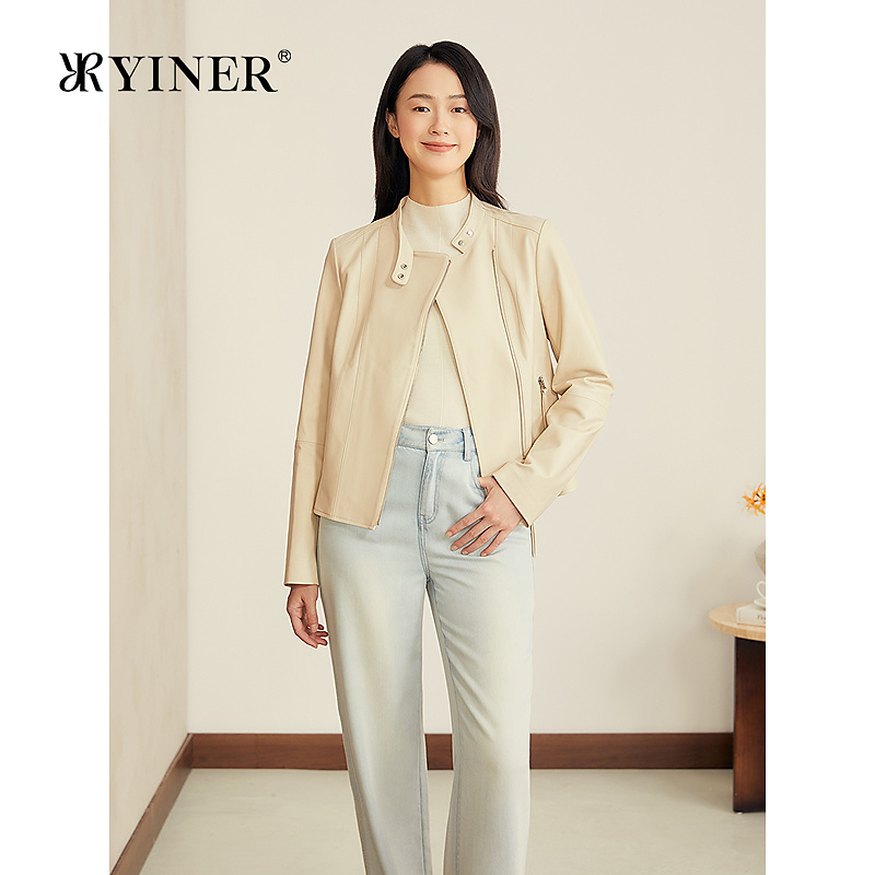 YINER音儿专选2025秋季新款法式短款小立领柔软绵羊真皮皮衣夹克