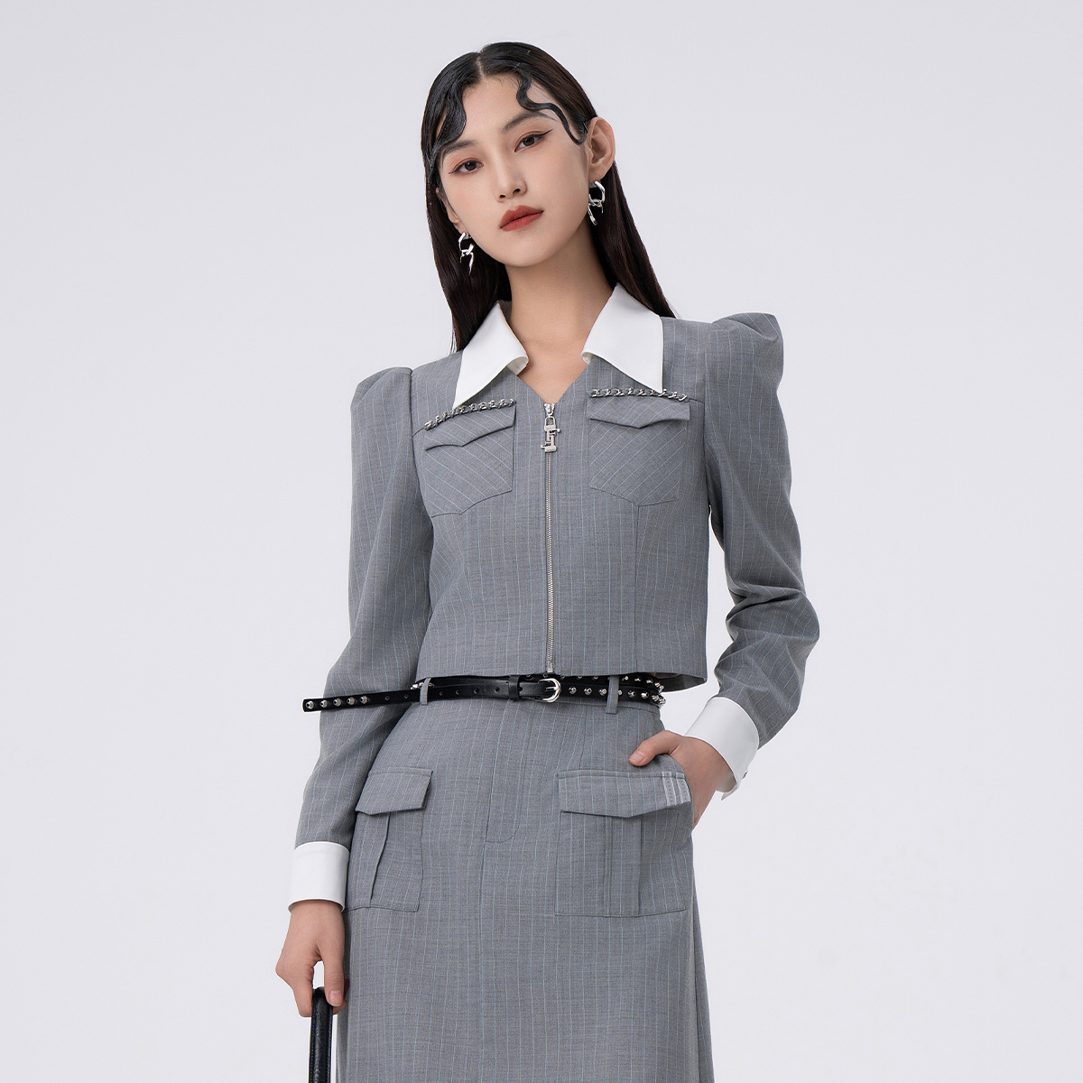 【小余专属】一电影一时装拼接特工短外套长袖高级灰FFIS115635