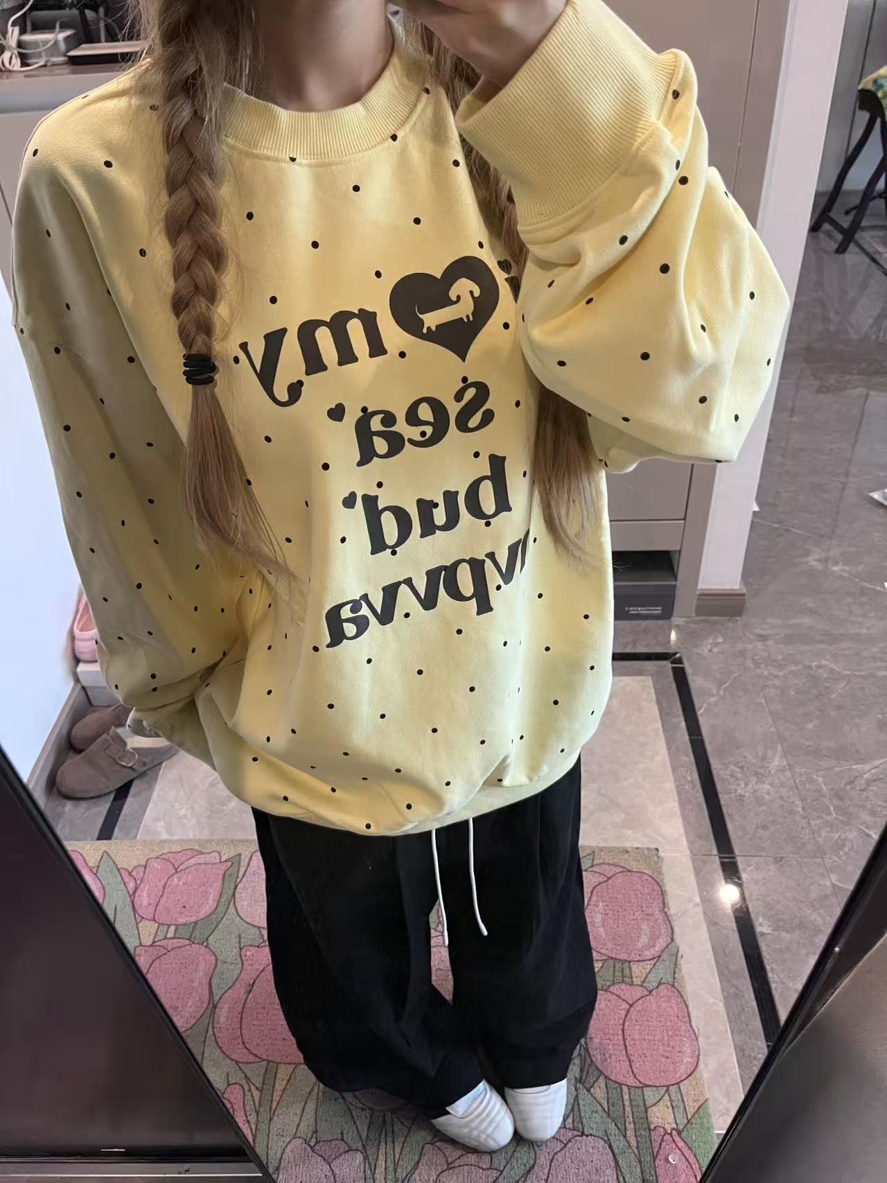 黄色波点卫衣女秋冬款韩系小个子学生时尚慵懒风圆领加绒长袖上衣