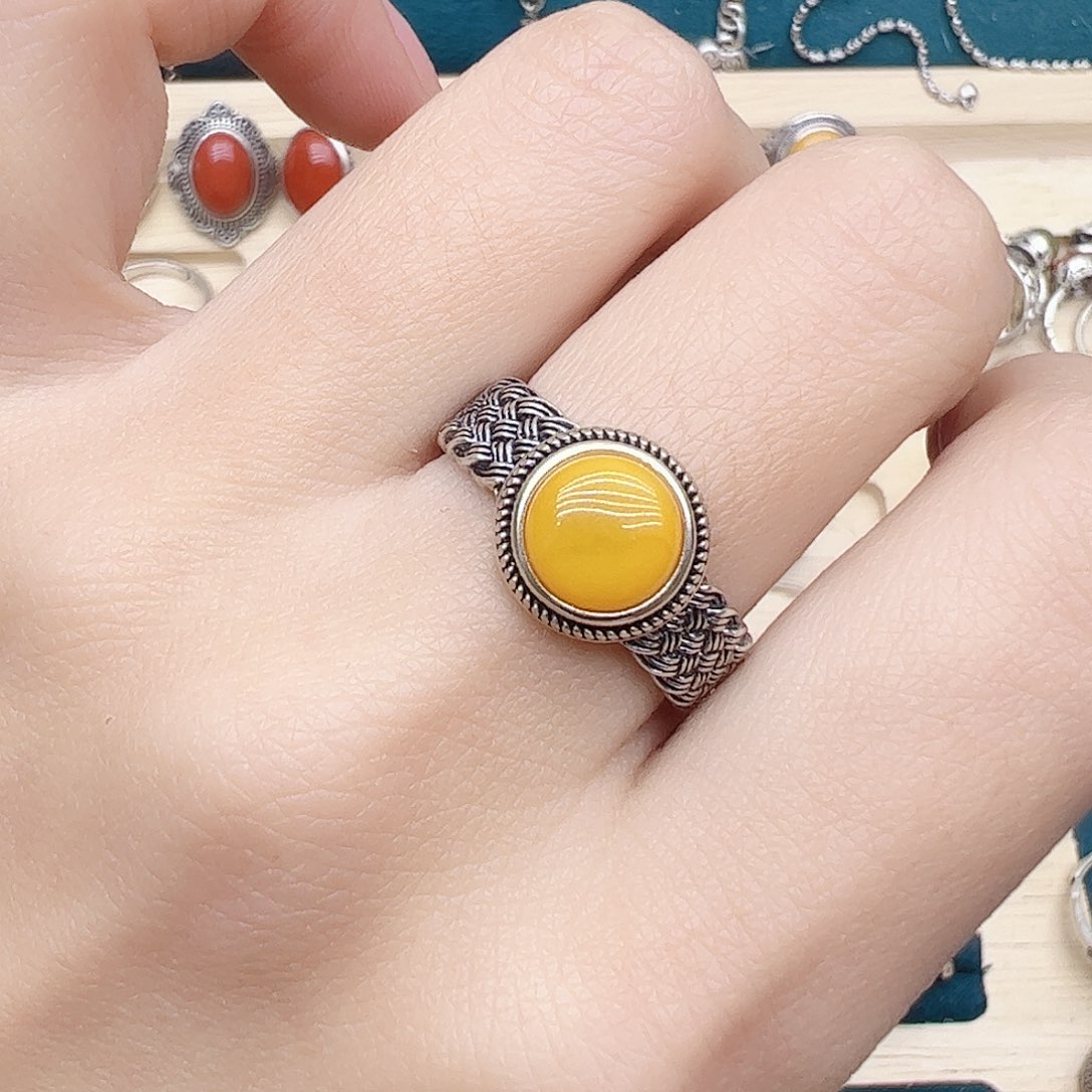 蜜蜡戒指银S925镶嵌，