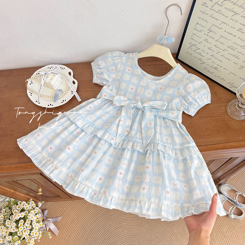 女童夏季新款格子爱心系带连衣裙女宝宝休闲款时尚洋气品质童装潮