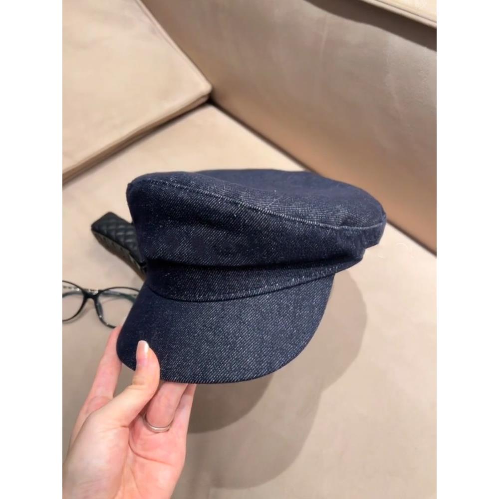 简约显瘦法式复古深色牛仔蓝平角帽子女新款秋冬季帽子软顶报童帽