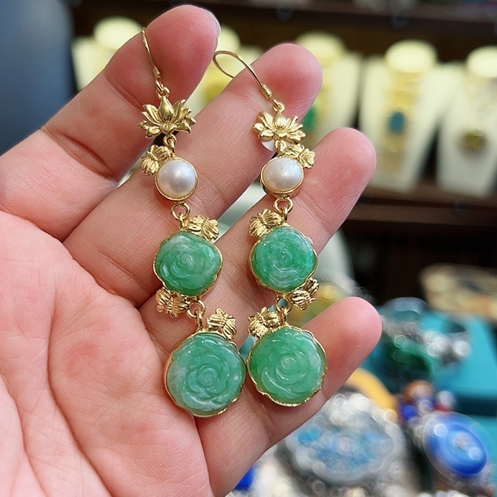 翡翠耳饰银S925镶嵌古风