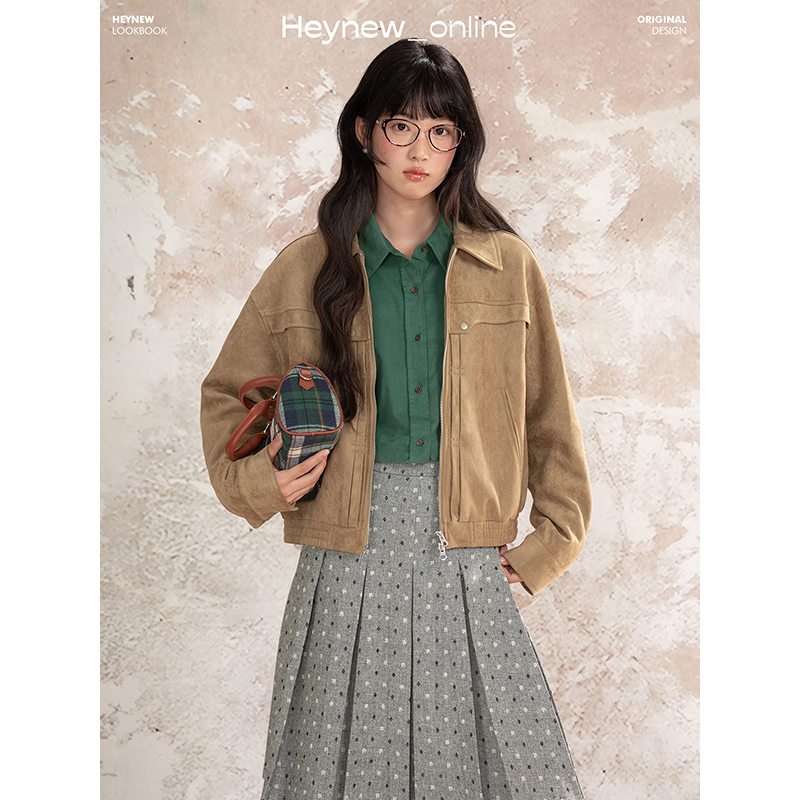 LOVEHEYNEW 复古麂皮翻领夹克外套女秋季新款百搭休闲上衣5Q466