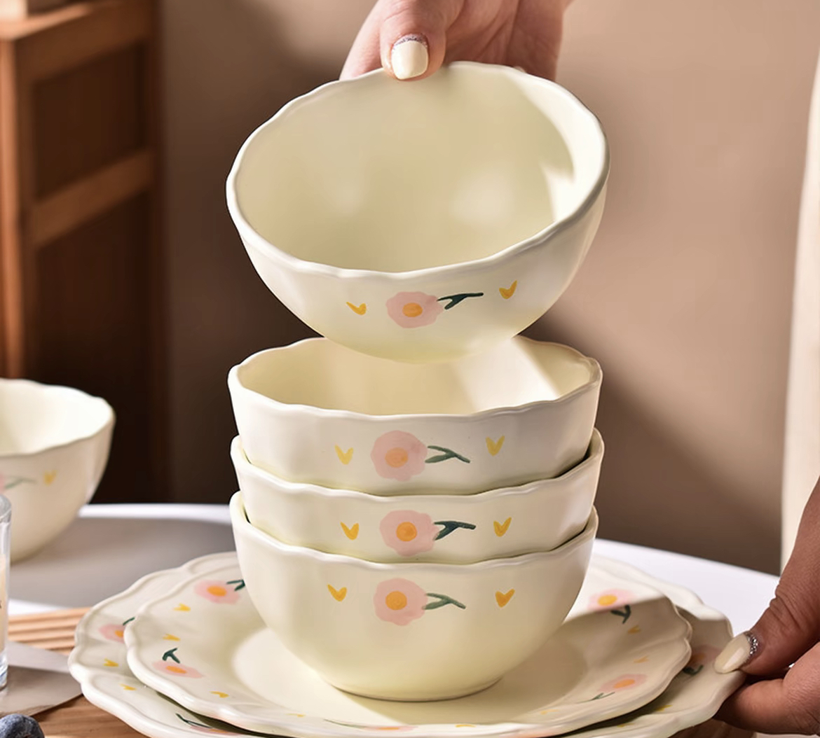 釉下彩创意碗吃饭碗奶油风餐具套装简约植物花卉大号鱼网红盘子