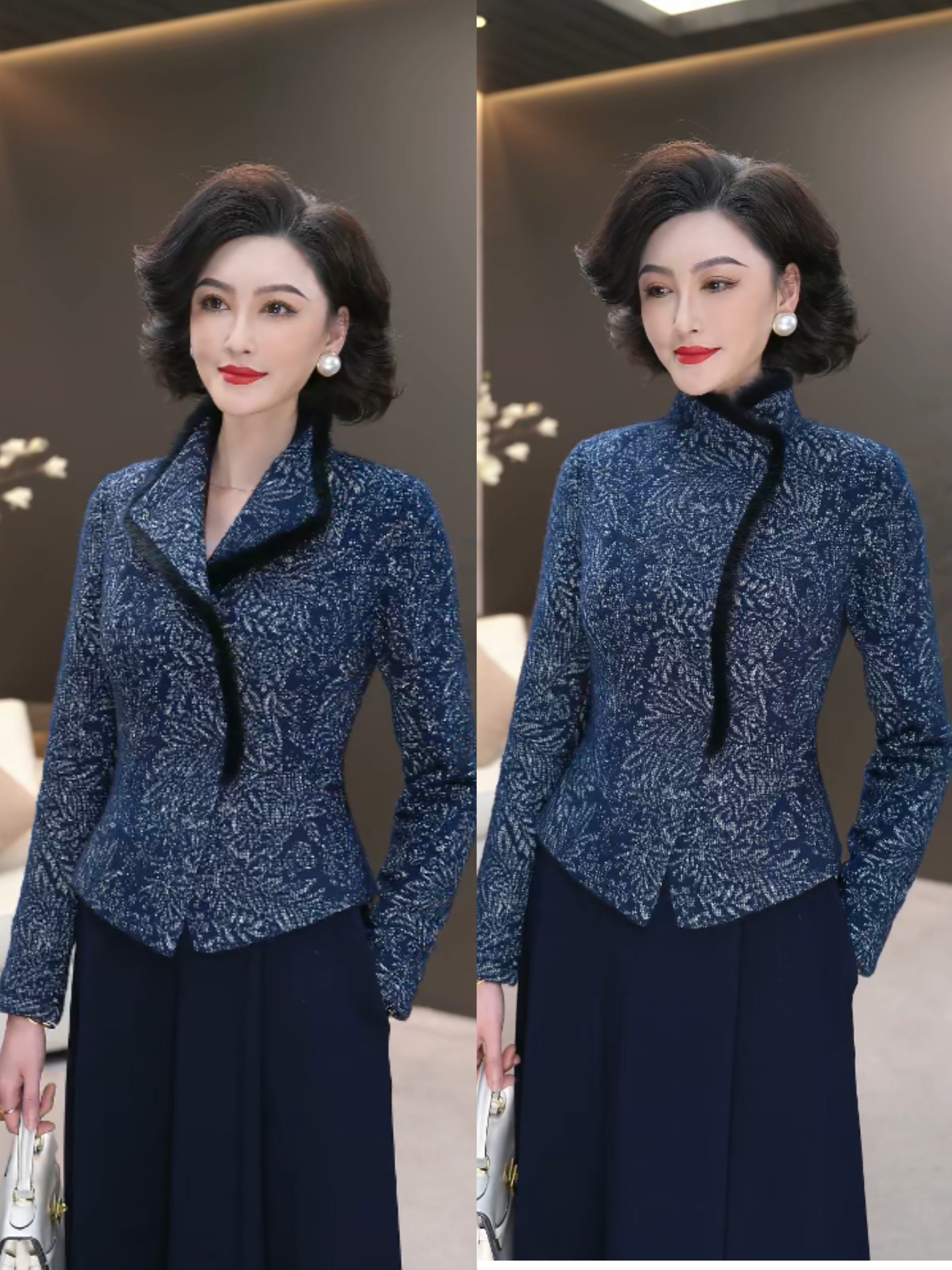 2025新高奢蓝白提花水貂毛领雪尼尔绒弹力梭织保暖短款上衣WF2166