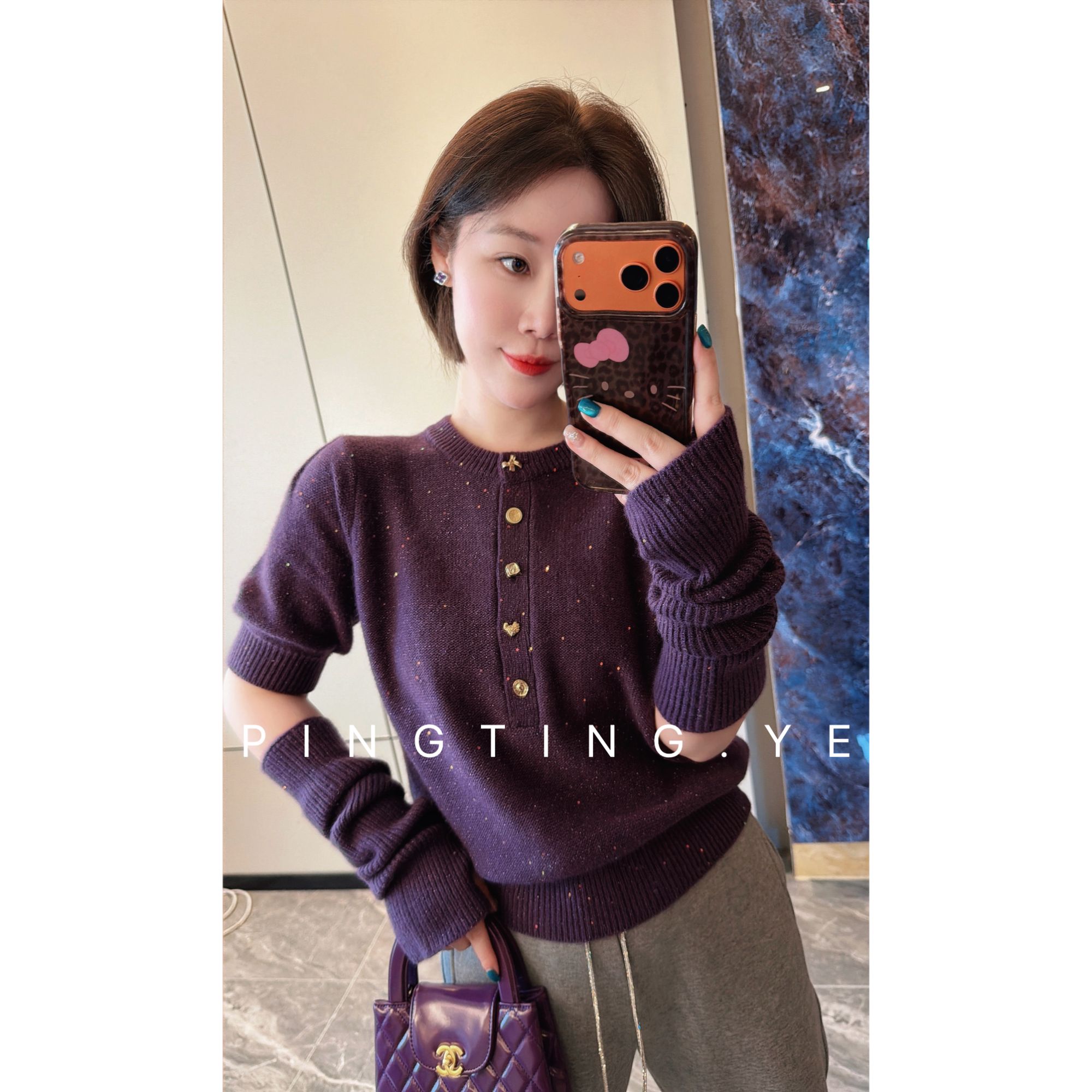 PINGTING.YE“山羊绒绵羊毛”亮片设计短袖+袖套针织毛衣PT8551