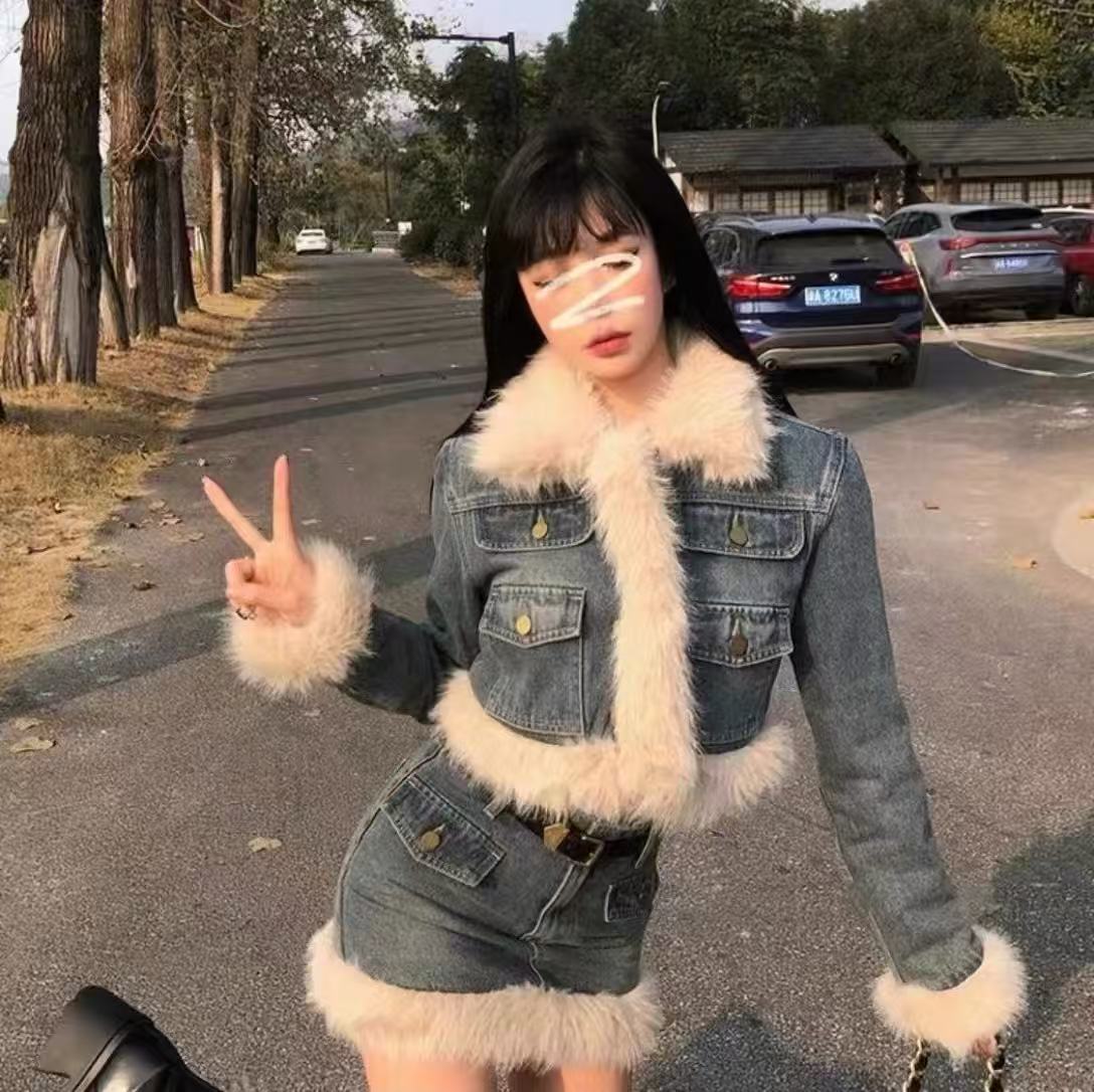 胖x 小香风牛仔裙套装减龄包臀半身裙两件套8786/8786-1