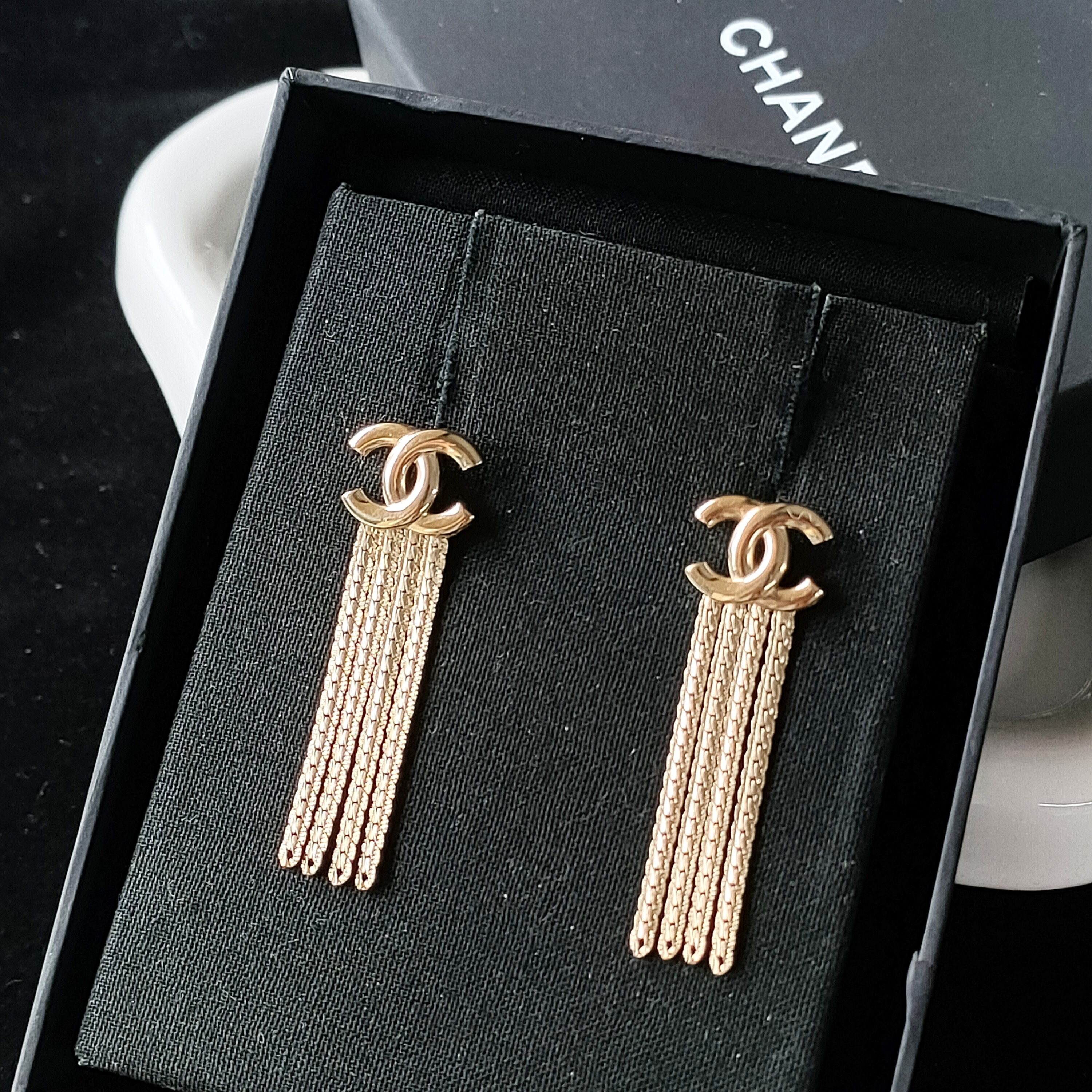 99新 Chanel/香奈儿 Azul-24B浅金色双C蛇骨流苏耳钉48735